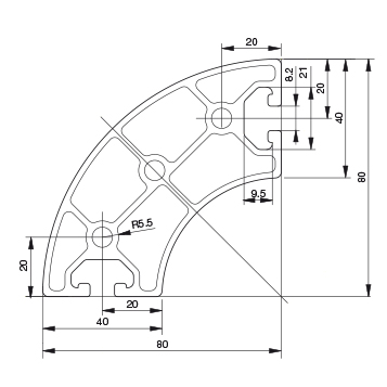 Profilo 40×80 raggiato a 90° – 2 cave