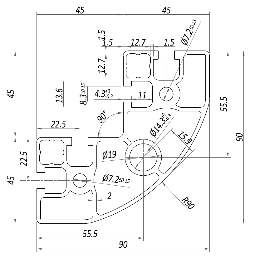 Profilo 90×90 – 4 cave angolare raggiato